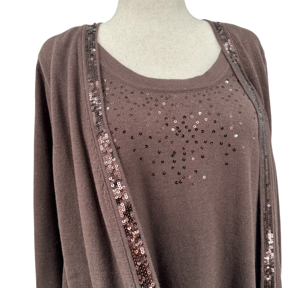 CATHERINES Layered Knit Sweater Chocolate Brown Sequin Trim Tunic Size 1X - Picture 3 of 10